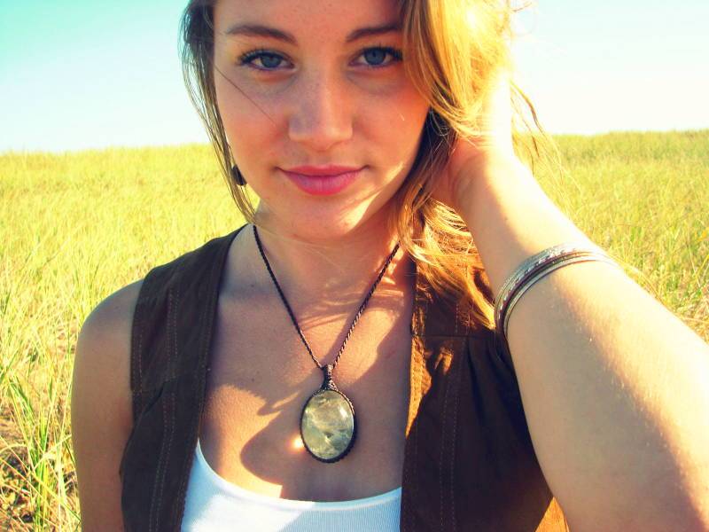 Woman wearing Garden Quartz macrame necklace