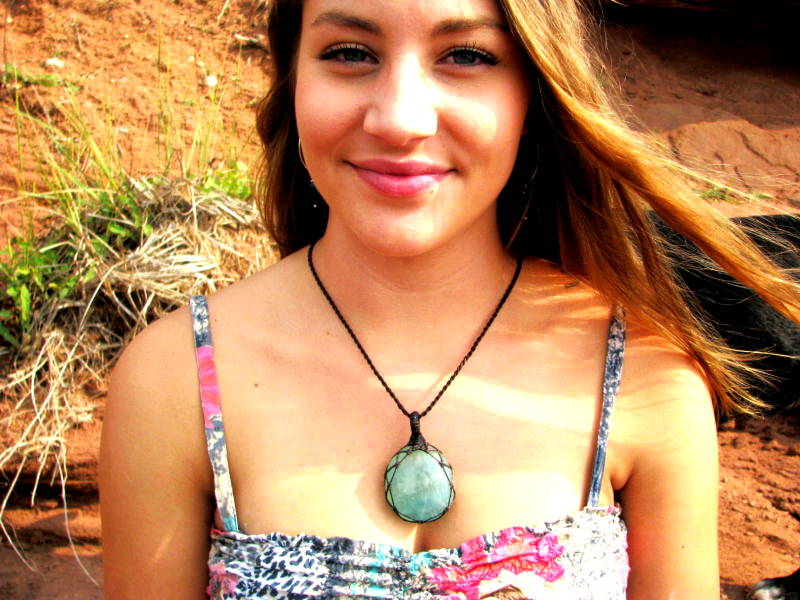medel wearing a green fluorite crystal necklace
