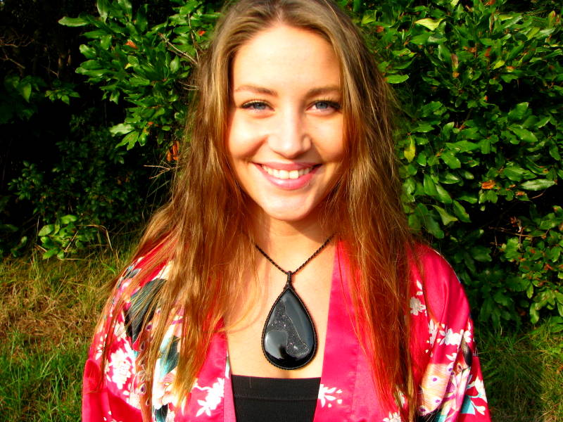 model wearing black onyx druzy necklace