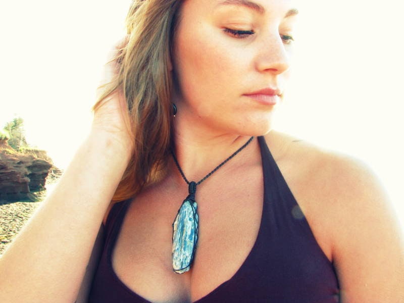Blue Kyanite crystal macrame necklace, valentines day gift for her
