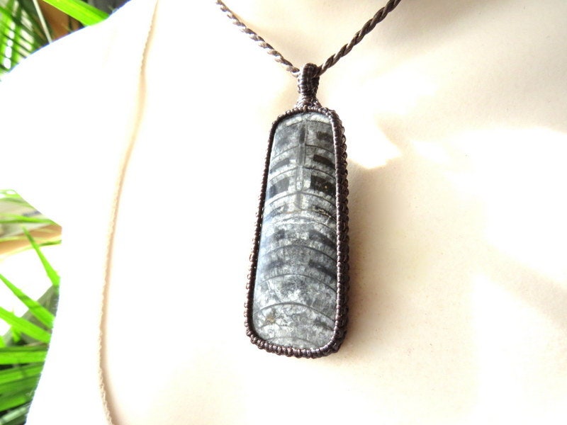 Macrame Orthoceras Fossil Necklace: Geology Gemstone Pendant