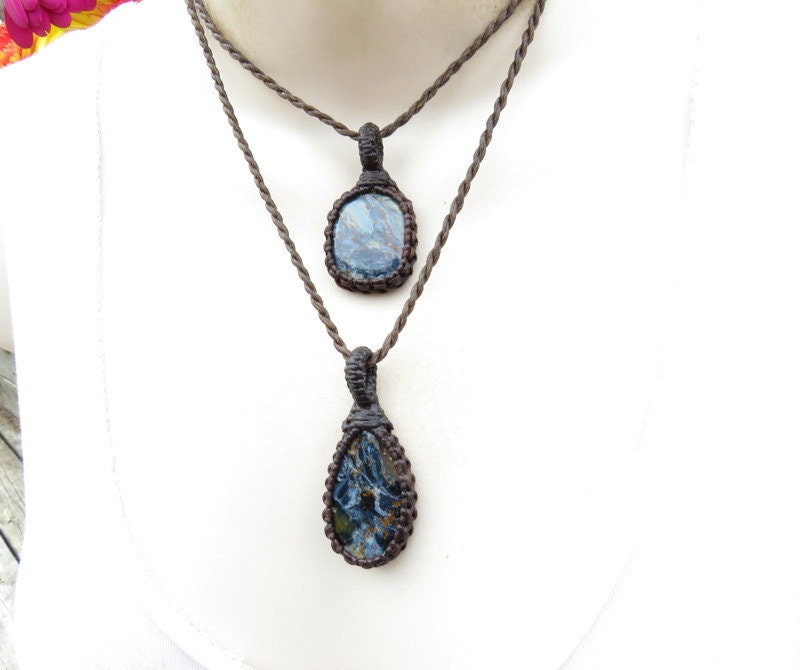 Pietersite Macrame Necklace Set: Electric Blue Gemstone Pendants