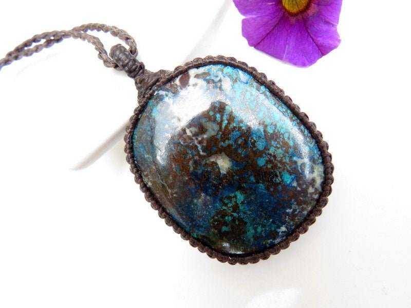 Azurite gemstone macrame necklace, azurite jewelry