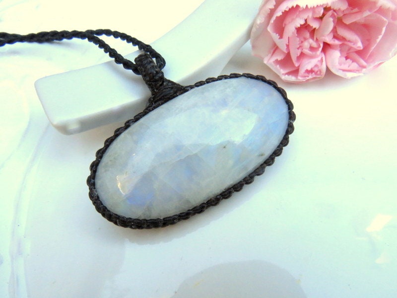 Rainbow Moonstone gemstone necklace, macrame necklace