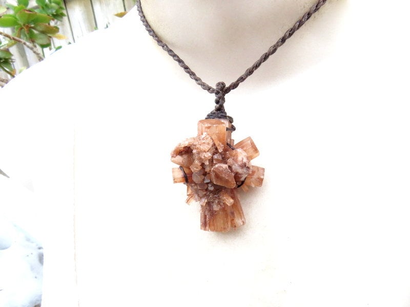 Aragonite Crystal Macrame Necklace: Peach Brown Gemstone Pendant
