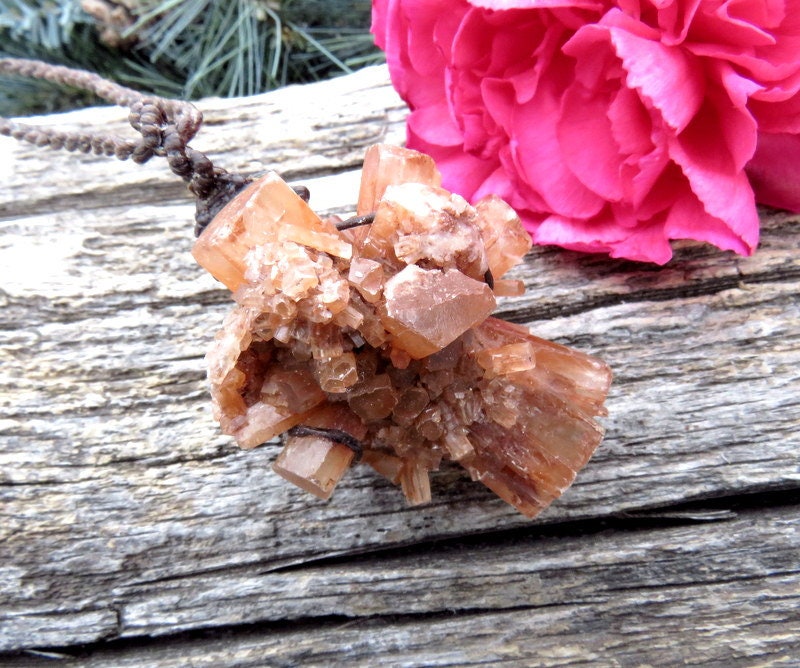 Aragonite Crystal Macrame Necklace: Peach Brown Gemstone Pendant