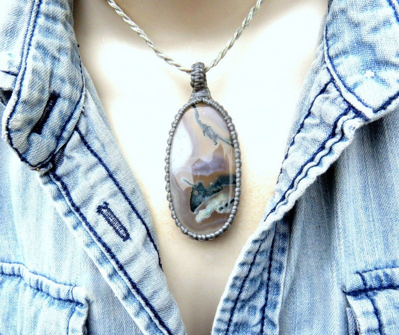Moss Agate macrame necklace, moss agate jewelry
