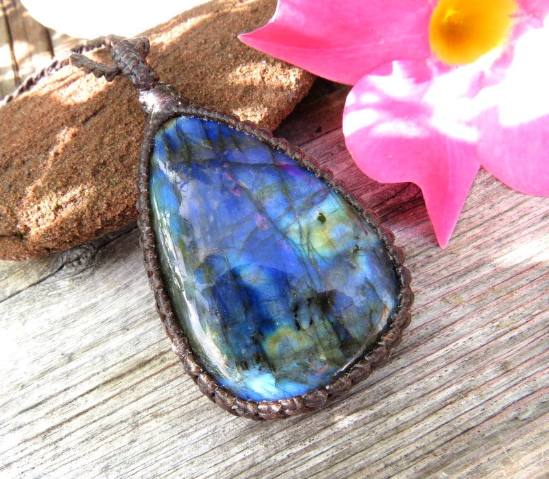 Blue Flash Labradorite Macrame Necklace: Teardrop Gemstone, Boho Celestial