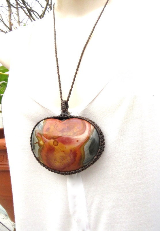 Extra large heart shaped Polychrome Jasper necklace, gemstone jewelry