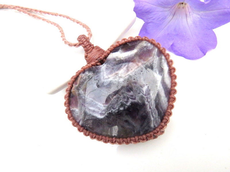Amethyst macrame necklace, heart shaped amethAyst