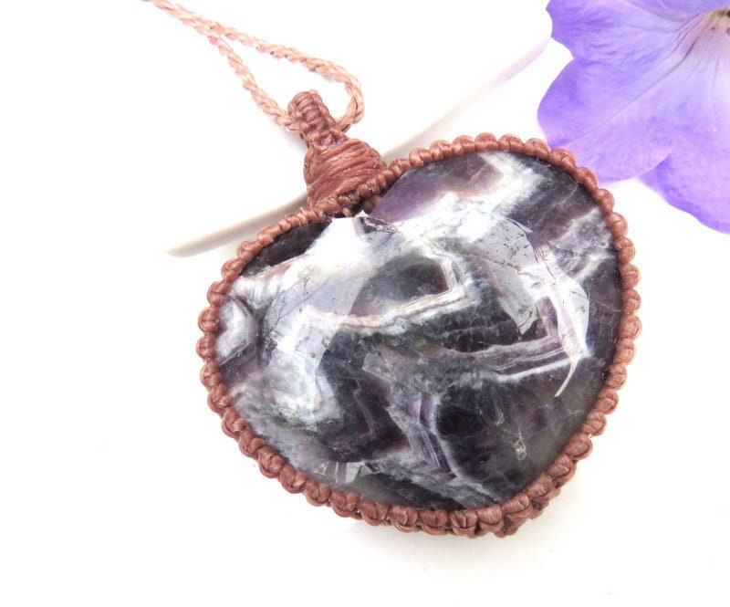 Amethyst macrame necklace, heart shaped amethAyst