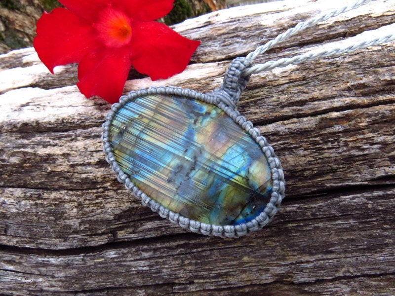 Quality Rainbow Labradorite macrame necklace, gemstone necklace