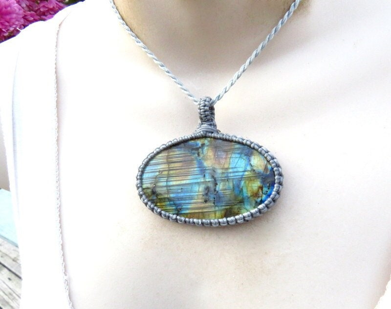 Quality Rainbow Labradorite macrame necklace, gemstone necklace