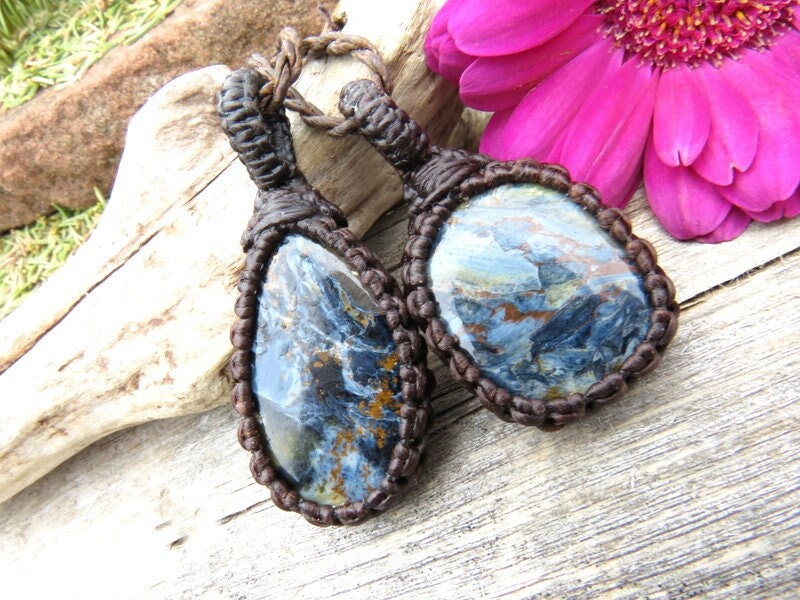 Pietersite Macrame Necklace Set: Electric Blue Gemstone Pendants