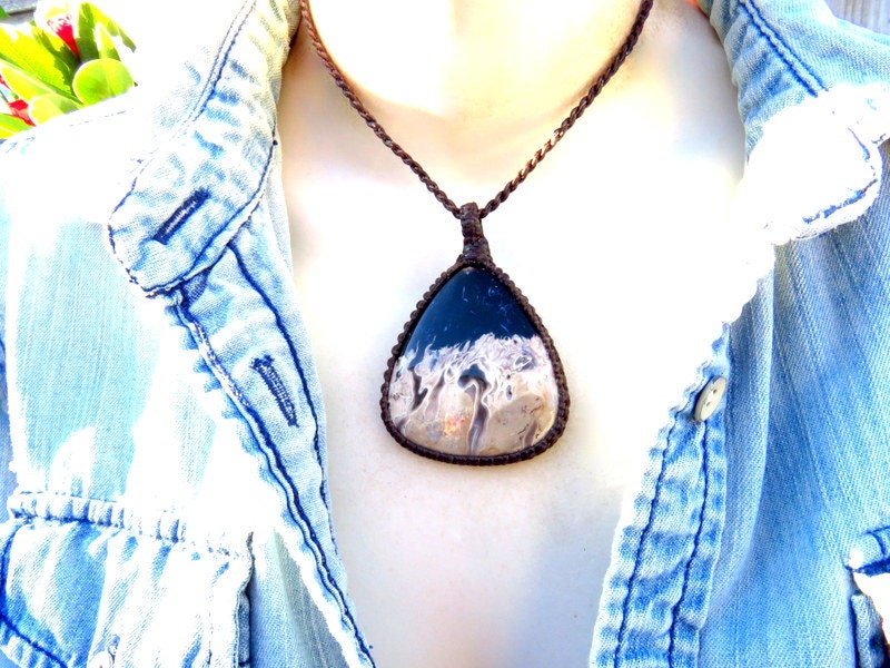 Petrified Palmwood macrame necklace, petrified wood jewelry
