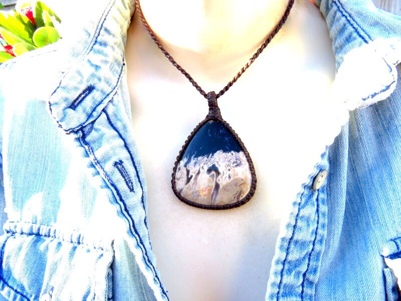 Petrified Palmwood macrame necklace, petrified wood jewelry