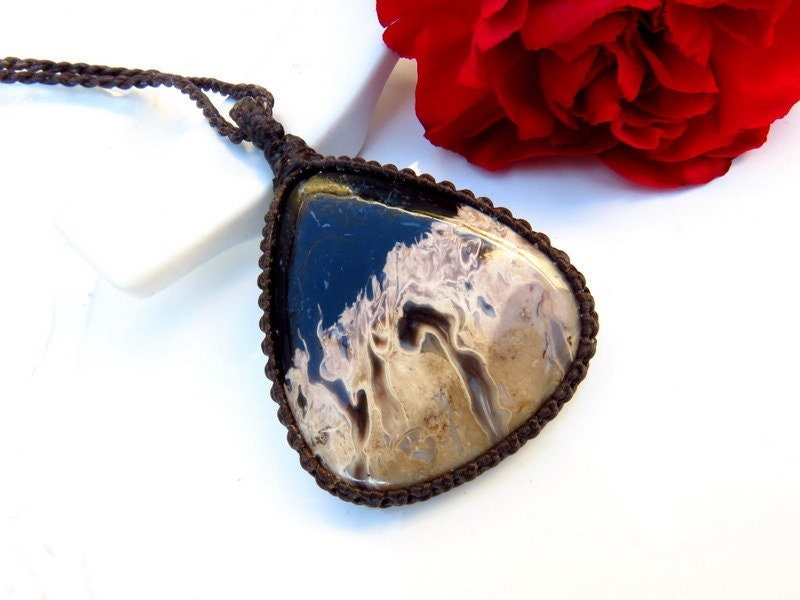 Petrified Palmwood macrame necklace, petrified wood jewelry