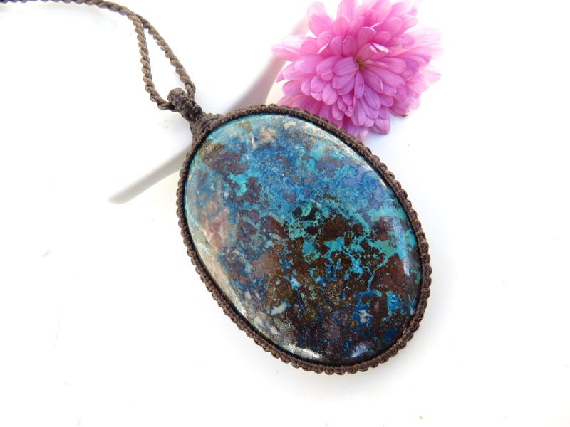 Azurite gemstone necklace, macrame necklace