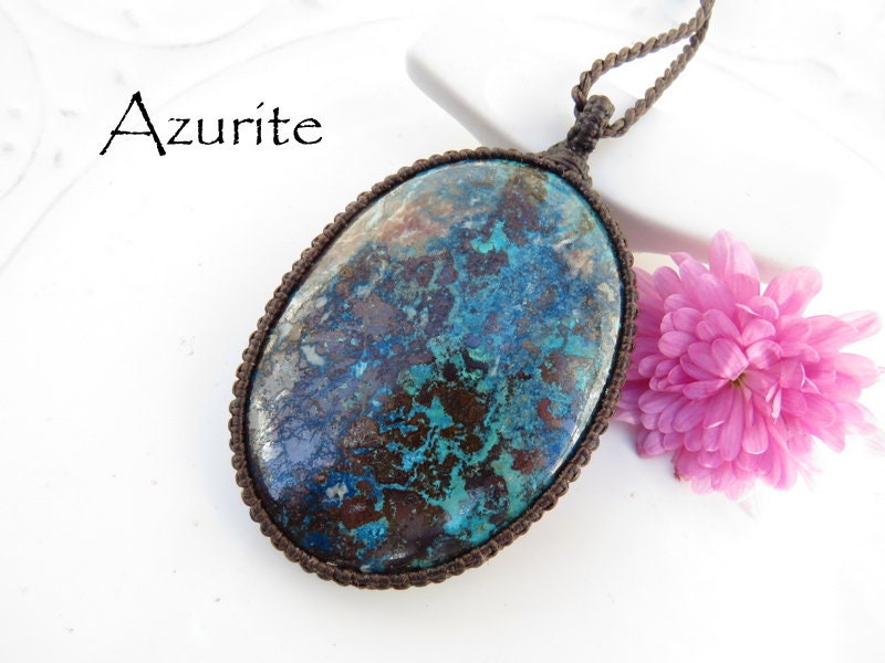 Azurite gemstone necklace, macrame necklace