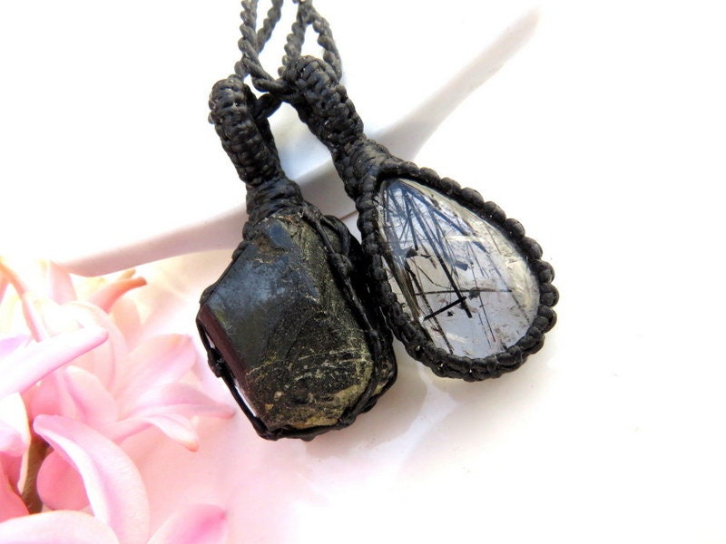 Tourmalated Quartz and Tourmaline necklace set, Stacking necklace