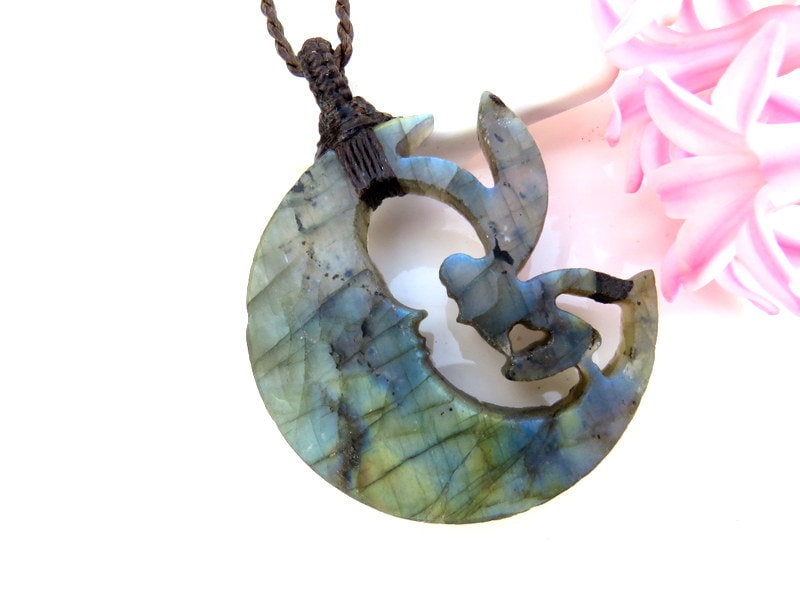Fairy Moon Labradorite Macrame Necklace: Rainbow Crystal Carving
