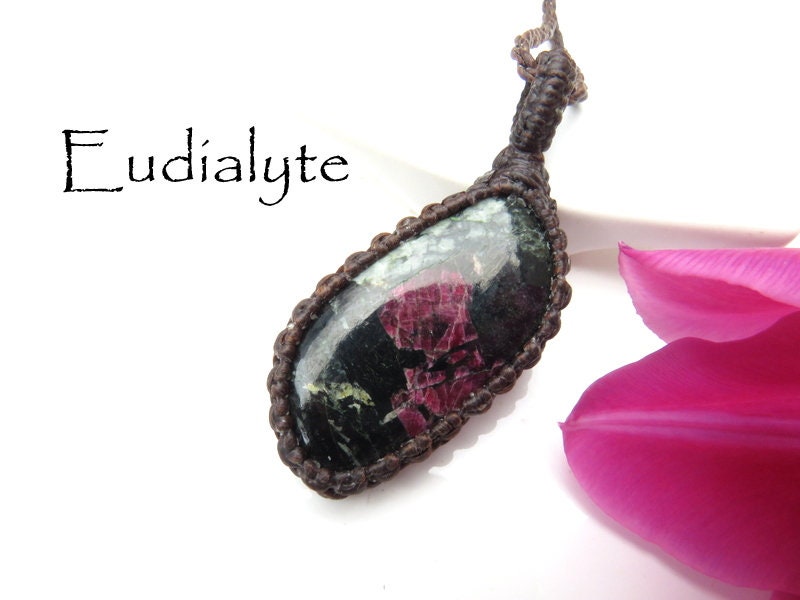 Eudialyte gemstone necklace, macrame jewelry