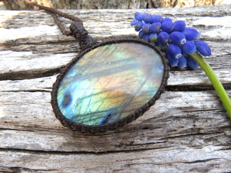 Macrame necklace, large green labradorite necklace