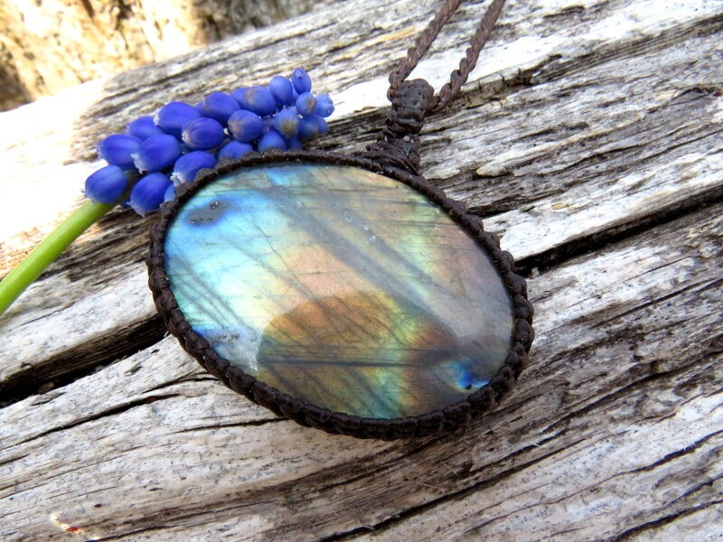 Macrame necklace, large green labradorite necklace