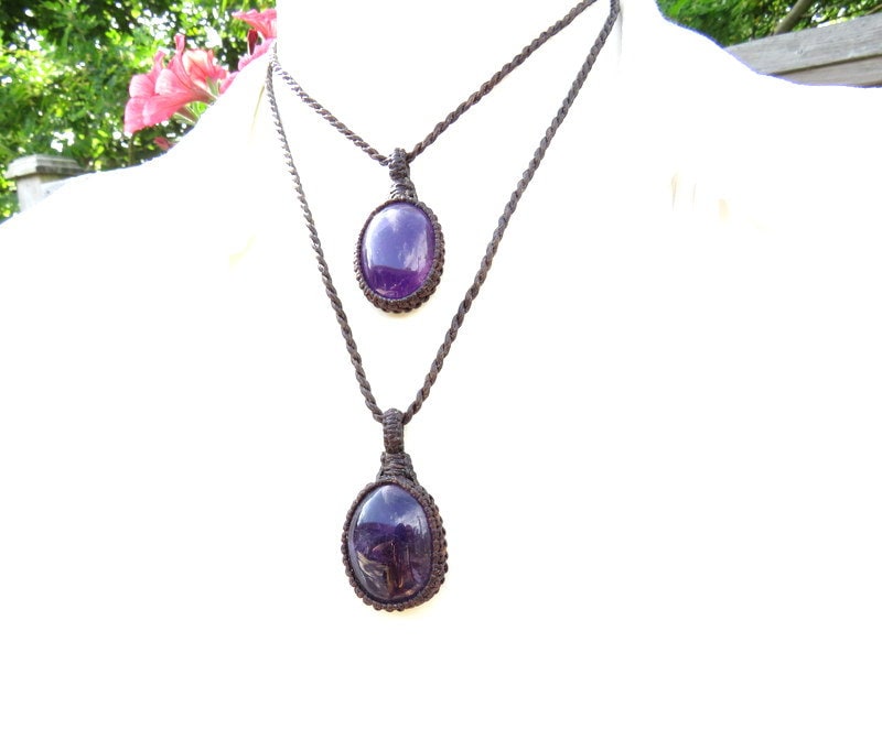 Amethyst layered necklace set, amethyst macrame necklaces