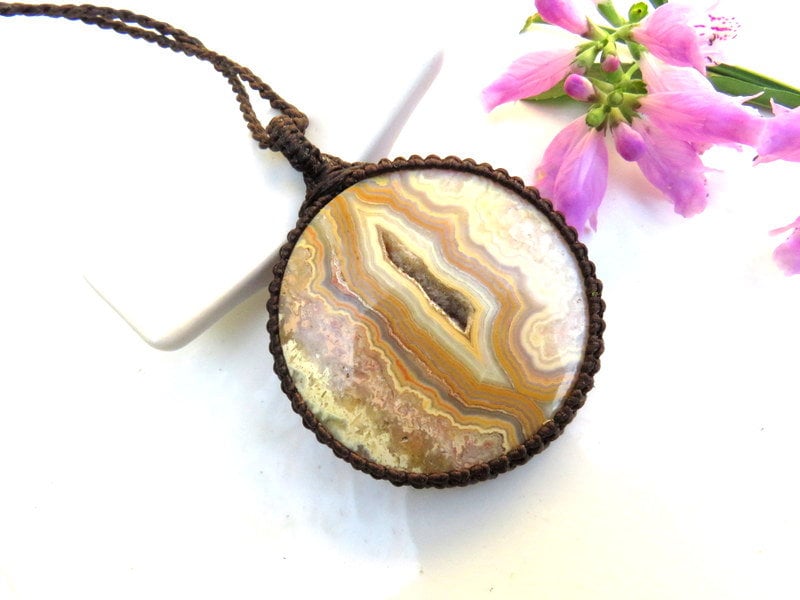 Yellow Banded Agate macrame necklace, gift ideas for the mom