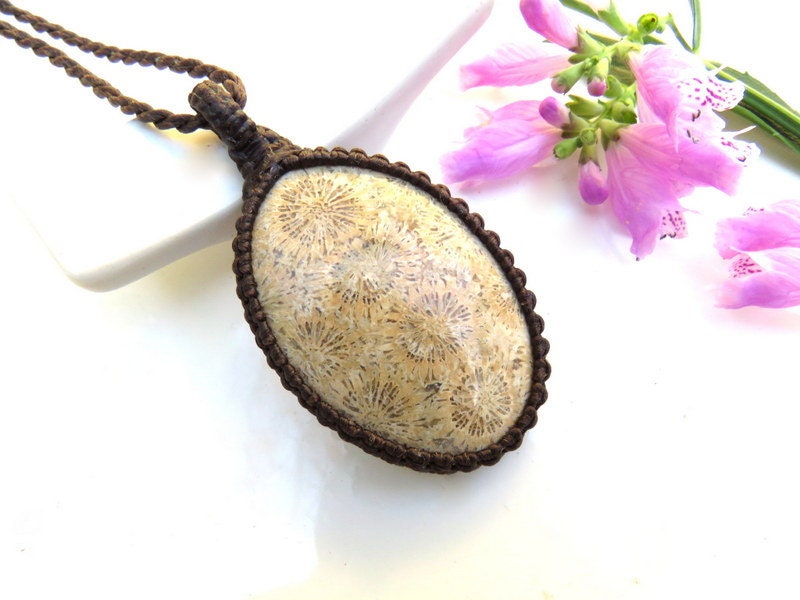 Agatized Coral macrame necklace, Fossil Coral jewelry