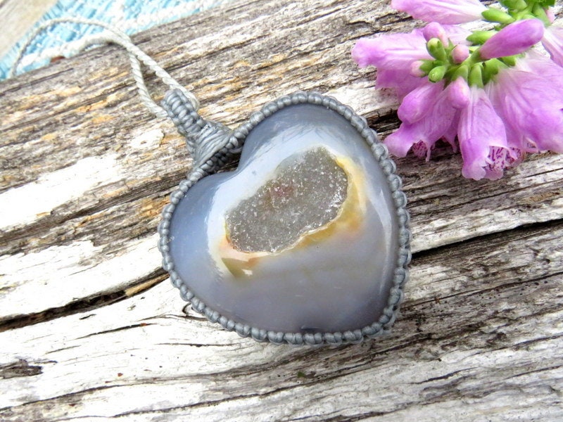 Botswana Agate Heart Necklace: Macrame Crystal Pendant, Healing Stone