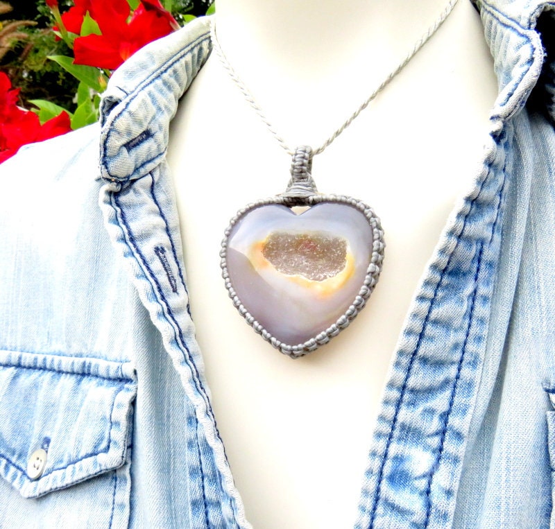 Botswana Agate Heart Necklace: Macrame Crystal Pendant, Healing Stone