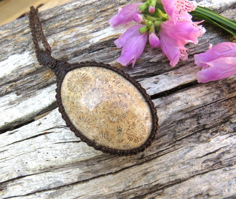 Agatized Coral macrame necklace, Fossil Coral jewelry