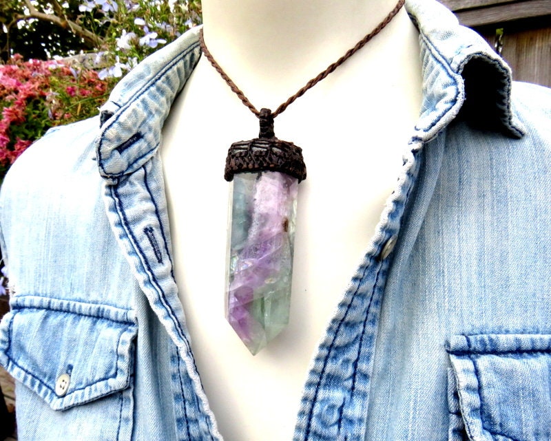 Rainbow Fluorite macrame necklace, Healing stone necklace