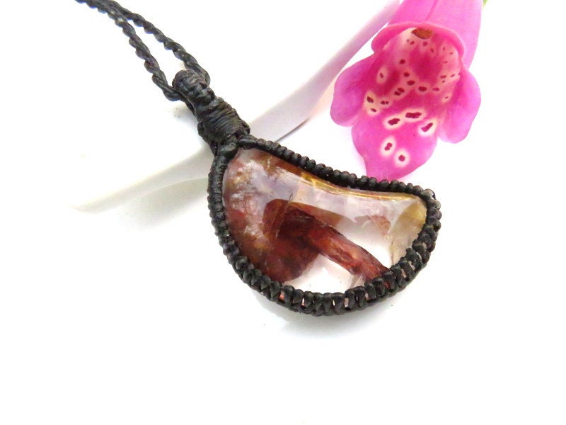 Red Fire Quartz macrame necklace, hematoid quartz