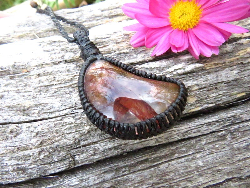 Red Fire Quartz macrame necklace, hematoid quartz