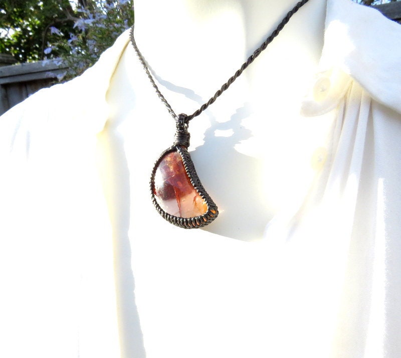 Red Fire Quartz macrame necklace, hematoid quartz