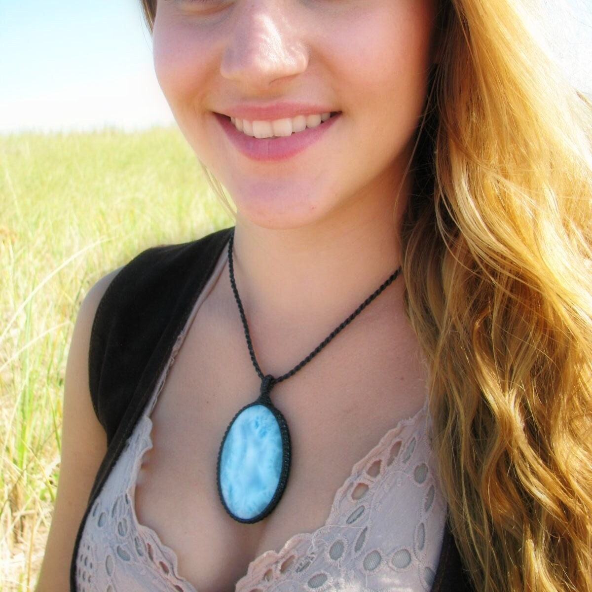 Larimar macarme necklace, Larimar gemstone