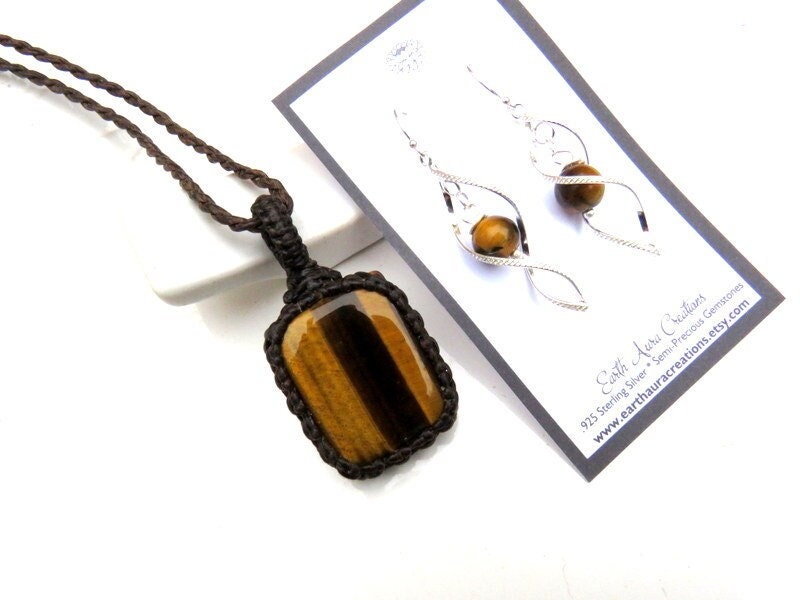 Tiger Eye macrame necklace and earring set, jewelry set