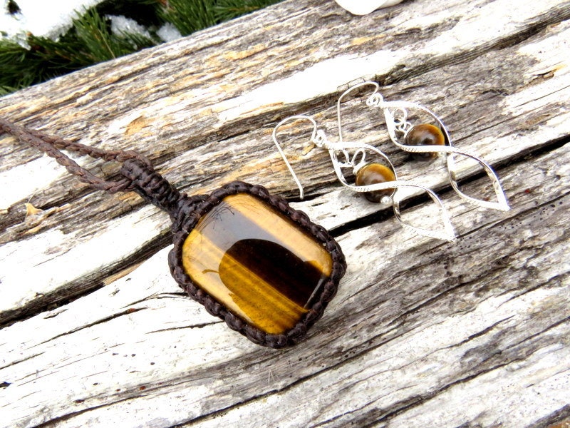Tiger Eye macrame necklace and earring set, jewelry set