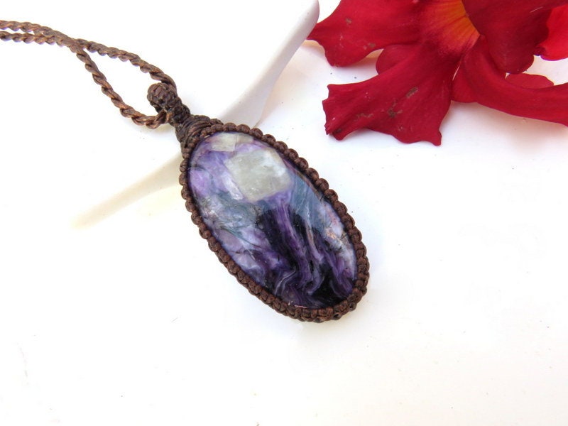 Purple Charoite Macrame Necklace: Handmade Boho Gemstone Jewelry