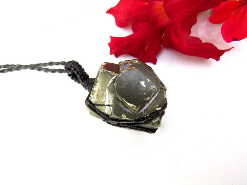 Cubic Pyrite Macrame Necklace: Root Chakra Crystal Healing
