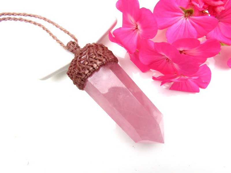 Large Rose Quartz crystal necklace, macrame necklace
