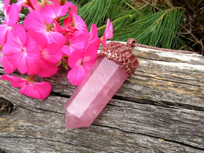 Large Rose Quartz crystal necklace, macrame necklace