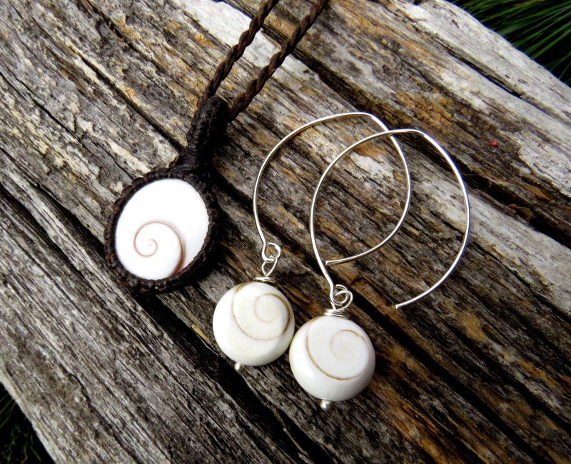 Macrame Shiva Eye Shell Necklace & Sterling Silver Earrings Set
