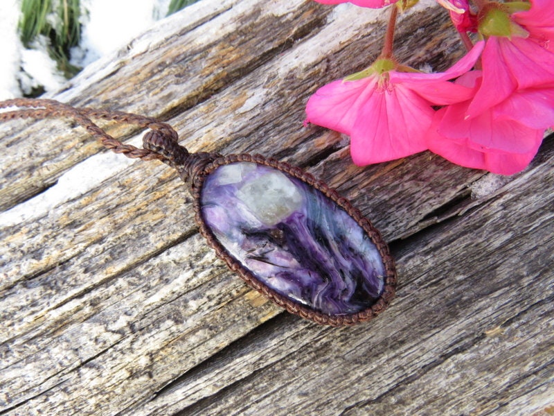 Purple Charoite Macrame Necklace: Handmade Boho Gemstone Jewelry