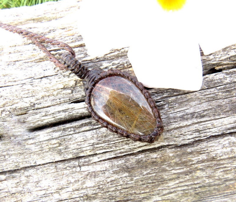 Rutile Quartz macrame necklace, golden rutile quartz