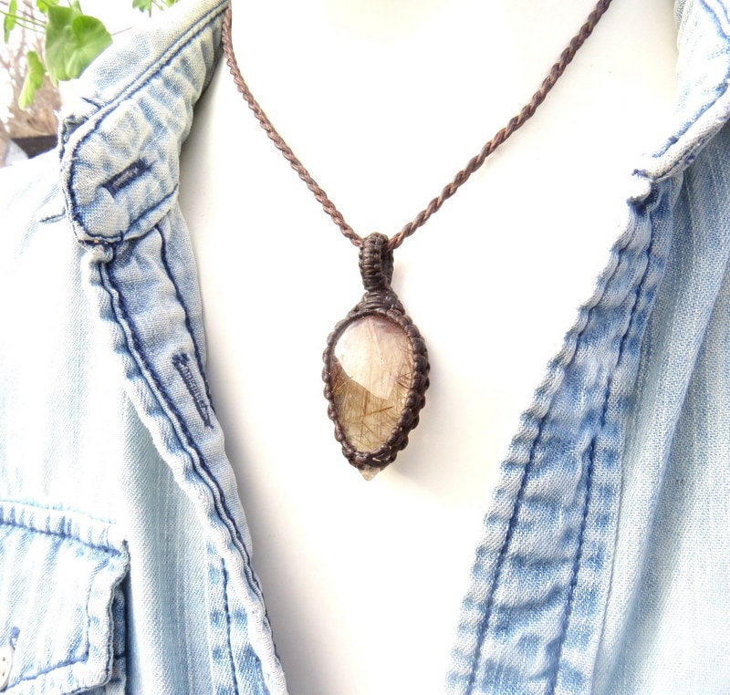 Rutile Quartz macrame necklace, golden rutile quartz