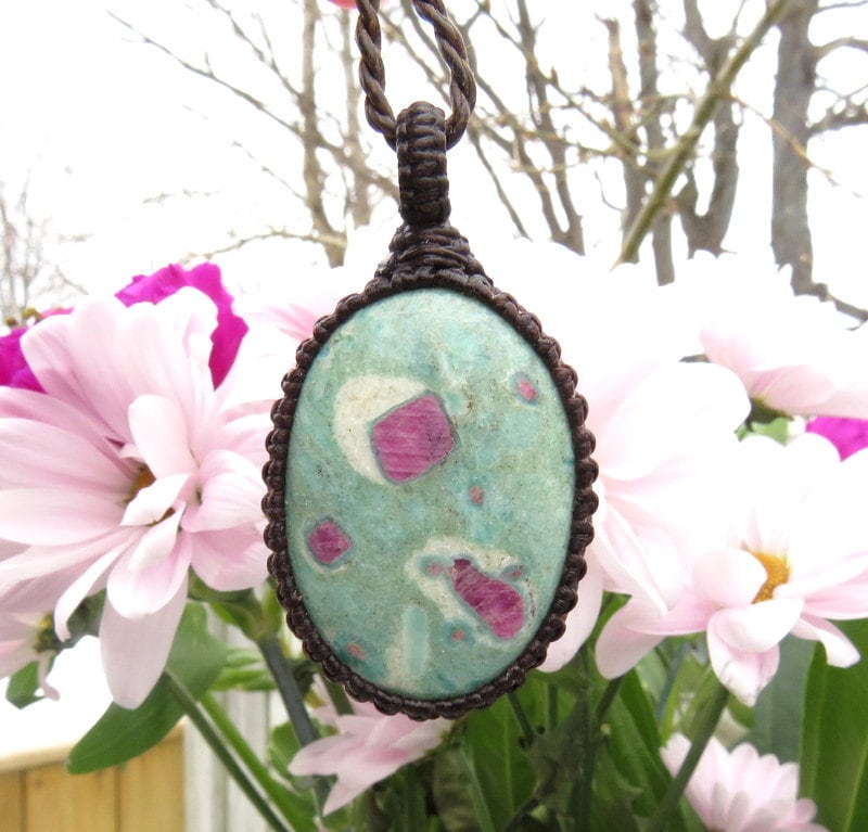 Vitality Ruby Fuchsite macrame necklace, Fuchsite pendant